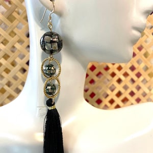 Graduated Black Abalone Mosaic Dangle Earrings with Tassel, 14K Gold Inlaid Shell Long Earrings