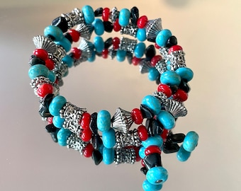 Turquoise & Red Coral Bracelet, Beaded Gemstone Memory Wire Bracelet, Western Cowgirl Bracelet, Southwestern Bracelet, Obsidian Bracelet