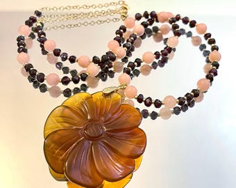 Red Orange Carved Agate Flower Gemstone  Necklace with Garnet and Aventurine, Long Boho Pendant Necklace