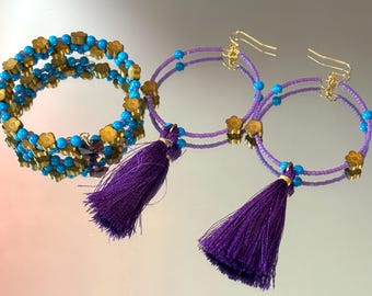 Flower Boho Dream Catcher Jewelry Set, Dyed Turquoise Purple Beaded Memory Wire Bracelet with Crystal Heart Charm & Big Hoop Tassel Earrings