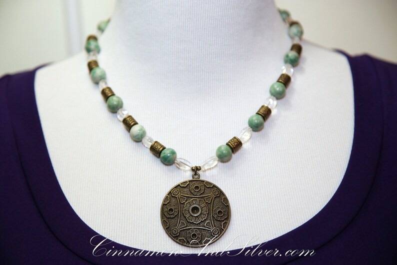 Jade Necklace with Quartz & Bronze, Oriental Chinese Medallion Necklace, Chunky Beaded Boho Gemstone Necklace, Statement Pendant Necklace image 2