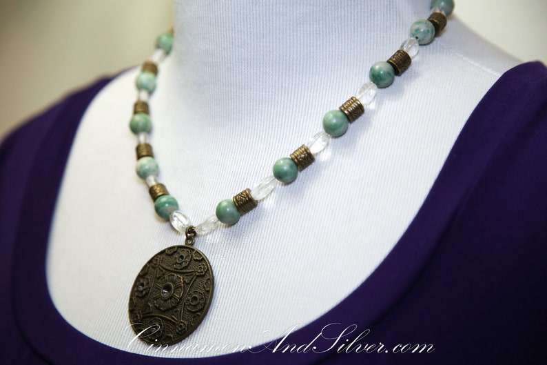 Jade Necklace with Quartz & Bronze, Oriental Chinese Medallion Necklace, Chunky Beaded Boho Gemstone Necklace, Statement Pendant Necklace image 4