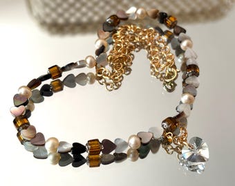 Honey Brown Heart Necklace with Cathedral Glass, Crystal Heart Pendant, and Beaded Gemstone Necklace