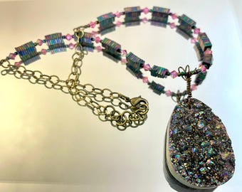 Sparkling Purple/Pink/Bronze Druzy Statement Necklace, Agate Geode Stone Pendant Necklace, Dark Teal Multicolor Avant Garde Club Necklace