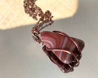 Red Polished Jasper Pendant Necklace Wrapped with Copper Wire, Long Gemstone Boho Jewelry