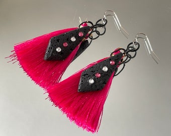 Hot Pink Lava Rock Tassel Earrings | Neon Geometric Statement Earrings | Handmade 80s-Inspired Jewelry