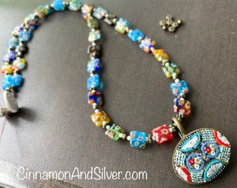 Vintage Italian Micro Mosaic Beaded Necklace, Upcycled Bronze Pendant, Colorful Millefiori Glass Statement Necklace