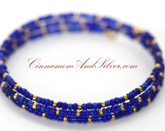 Cobalt Blue Seed Bead Memory Wire Bracelet, Dark Blue & Gold Seedbead Adjustable Bangle Bracelet, Egypt Beaded Bracelet Bangle