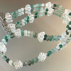 Green Fairy Necklace, Moss Agate Leaf Necklace, Beaded Gemstone Necklace, Renaissance Bride, Hand Fasting Jewelry, Carved Crystal Quartz