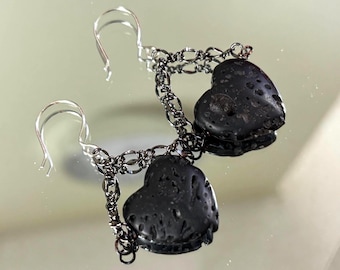 Black Lava Stone Heart Earrings | Dark Heart Austrian Crystal & Sterling Silver Dangle Earrings | Handmade Gothic Jewelry