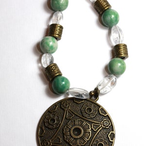 Jade Necklace with Quartz & Bronze, Oriental Chinese Medallion Necklace, Chunky Beaded Boho Gemstone Necklace, Statement Pendant Necklace image 8