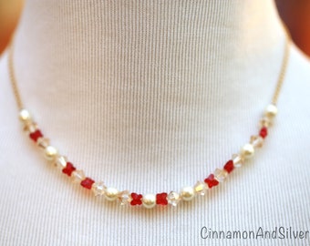 Red Crystal & Pearl Necklace, Sparkling Swarovski Necklace, Handmade Beaded Gift Jewelry, Prom Necklace, Butterfly Necklace, Collar Necklace