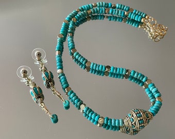 Turquoise Necklace & Earrings Set | Genuine Turquoise Jewelry with Nepalese Brass Focals | Handmade Bohemian Jewelry