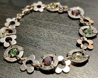 Sterling Silver & Crystal Flower Bracelet, Flower Girl Gift, Easter Bracelet, Spring Bracelet, Pastel Bracelet, Retro 1970s Daisy Bracelet
