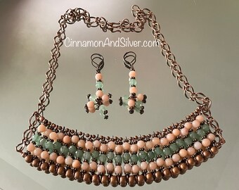 Calliope Beaded Gemstone Necklace & Earrings Set, Pink and Green Aventurine Bib Statement Necklace, Antiqued Copper Necklace