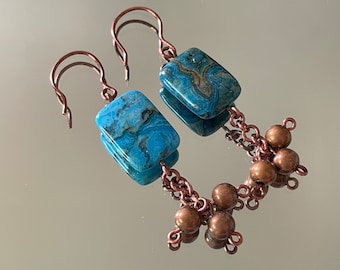 Crazy Lace Agate & Copper Dangle Earrings | Geometric Statement Earrings | Handmade Western-Inspired Jewelry