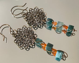 Moss Agate & Carnelian Dangle Earrings in Bronze Mandala Boho Style