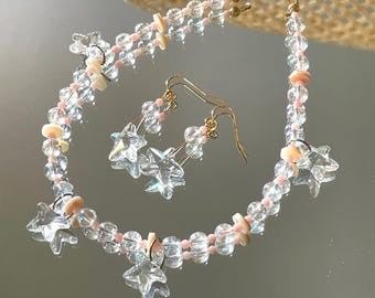 Crystal Quartz Starfish Necklace & Earring Set | Pink Bamboo Coral and Mother of Pearl Coastal Jewelry | Handmade Beach Wedding Set