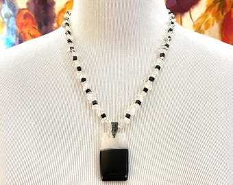 Black Agate Pendant Necklace with Crystal Quartz | Handmade Gothic Statement Necklace | Victorian-Inspired Gemstone Jewelry