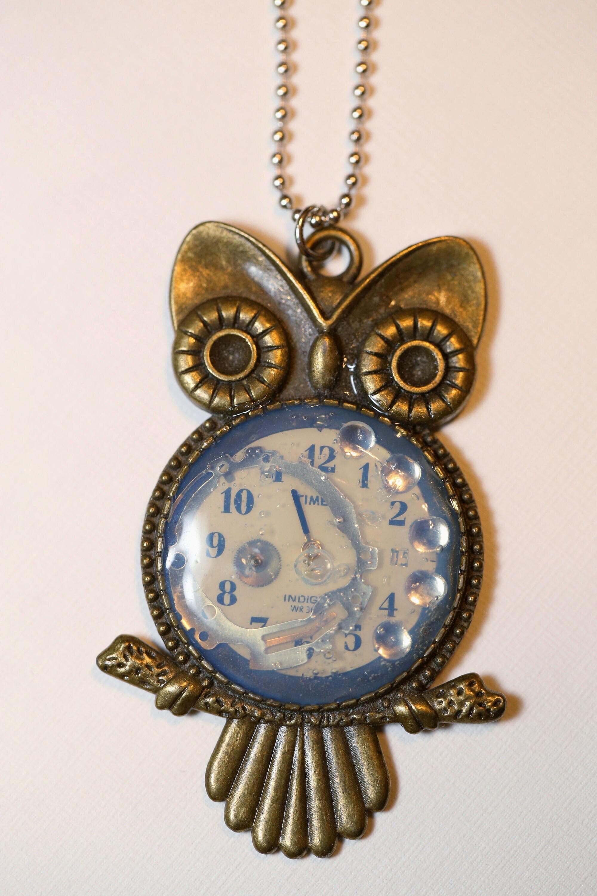 Bronze Owl Multimedia Underwater Clock Statement Pendant Necklace, Steampunk  Necklace, Cogs & G
