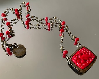 Red Coral Beaded Necklace: Vintage Carved Pendant, Antiqued Bronze