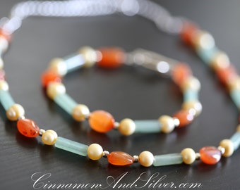 Orange Carnelian and Green Jade Beaded Gemstone Necklace Set, Yellow Freshwater Pearl Necklace, Boho Stone Necklace and Bracelet Set