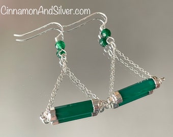 Green Onyx Gemstone Earrings, Fine Jewelry, Triangle Geometric Earrings, Statement Dangle, Emerald Green Crystal Earrings, Sterling Silver