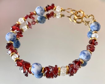 Garnet, Quartz and Sodalite Bracelet, Gemstone Beaded Bracelet, July 4th Jewelry, Unisex Gemstone Bracelet, Handmade Boho Stone Jewelry