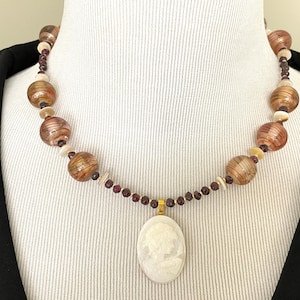 Garnet Beaded Necklace with Mother of Pearl Shell & Lampwork Glass Beads, Gemstone Statement Necklace, Red and White Pendant Necklace