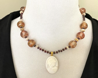 Garnet Beaded Necklace with Mother of Pearl Shell & Lampwork Glass Beads, Gemstone Statement Necklace, Red and White Pendant Necklace