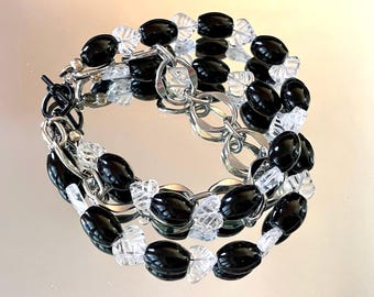 Black Agate & Clear Quartz Bracelet | Three-Strand Handmade Gemstone Bracelet | Carved Leaf or Heart Crystal Statement Jewelry