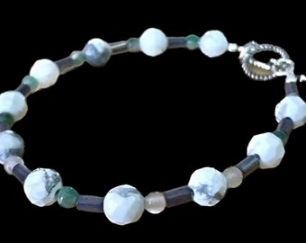 Howlite, Mother of Pearl Shell, and Moss Agate Bracelet, Gemstone Beaded Bracelet, Jewelry, Grey Gemstone Bracelet, Boho Stone Jewelry