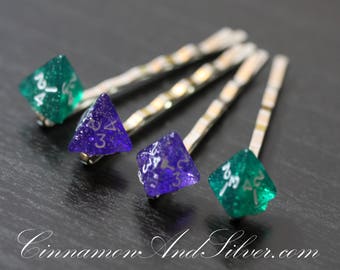 Green Gamer Dice Bobby Pins, Sparkle Dice Hair Accessory for Gamer Girls, D&D Roleplayer Dice Bobby Pins, Dice Hair Pins, Geek Hair Pins