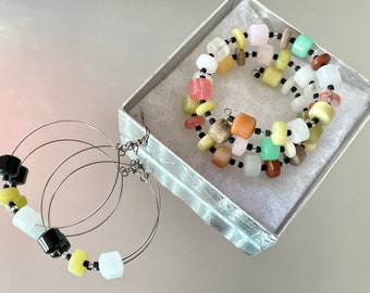 Colorful Jasper Memory Wire Bracelet Set, Multicolor Boho Hippie Gemstone Bracelet Set, Beaded Bracelet, Big Hoop Earrings, Gift for Her