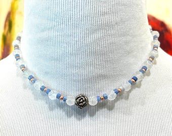 Frosted Crystal Quartz Rose Choker | Blue Aventurine Necklace | Sterling Silver Rose Choker | Handmade Floral Jewelry