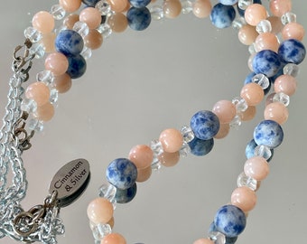 Blue Sodalite and Pink Aventurine Stone Necklace, Boho Style, Beaded Gemstone Necklace, 80s Vintage Inspired, Beachy Vibes, Southwestern