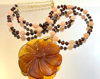 Garnet, Aventurine & Red Agate Flower Gemstone Necklace, Hand Carved Big Floral Statement Pendant Necklace, Vintage Inspired Boho Hippie