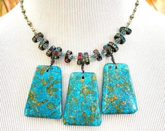 Turquoise Dyed Magnesite Short Statement Necklace, Boho Artisan Bronze