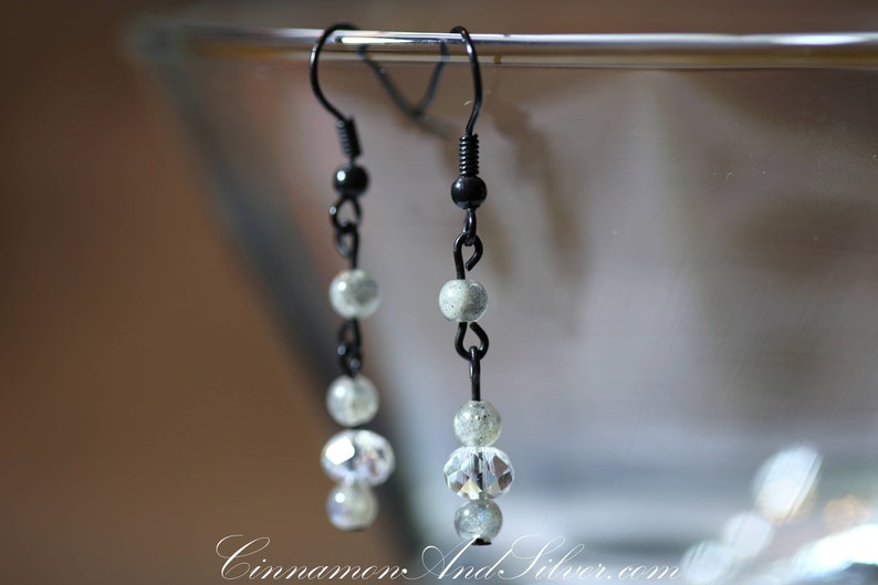 Labradorite Crystal Earrings, Gray Victorian Vintage Labradorite Dangle Earrings for Prom & Special Occasions, Grey Gemstone Earrings image 3