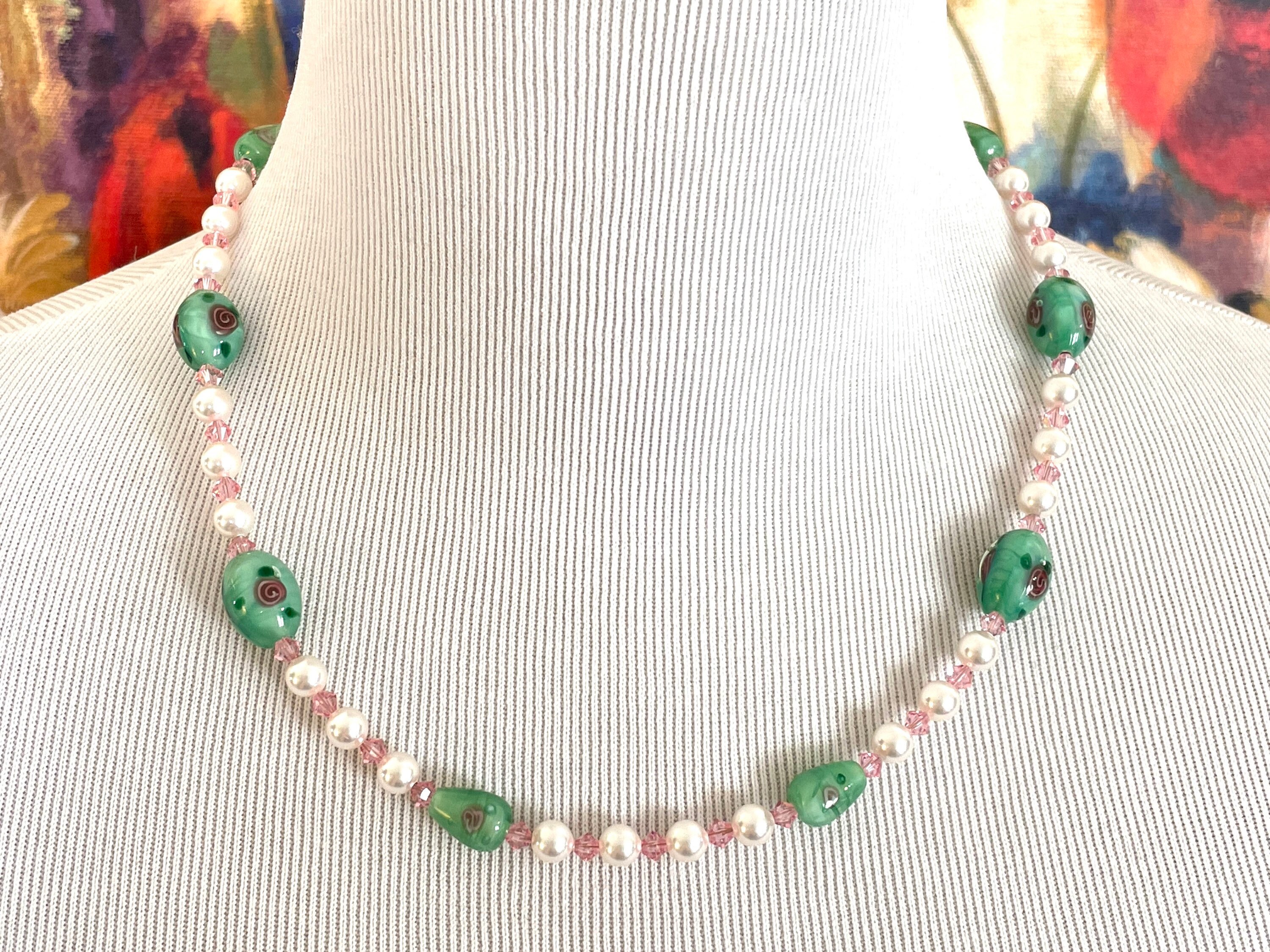 Collier Fait Main En Perles De Verre Rose Et Gris - Longueur 47 Cm, Sans Emballage D’origine