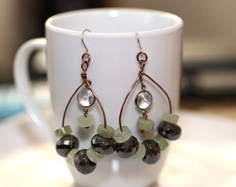 Jade and Hemalyke Earrings, Big Gemstone Earrings, Green & Gray Beaded Statement Earrings, Heavy Bold Crystal Earrings, Handmade Earrings