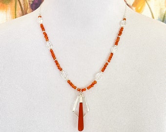 Carnelian & Quartz Beaded Gemstone Necklace, Crystal Quartz Pendant Necklace, Sterling Silver Necklace, Quality Fine Gemstone Necklace