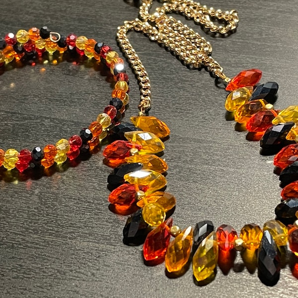 Orange Crystal Statement Necklace Set, Super Sparkly Occasion Necklace and Wrap Bracelet, Orange/Yellow/Red/Black Crystal Jewelry Set