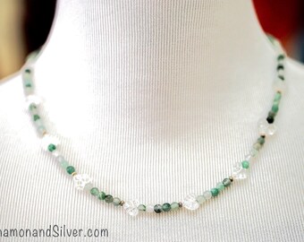 Moss Agate & Crystal Quartz Leaf Necklace | Handmade Woodland Gemstone Necklace | Renaissance-Inspired Jewelry