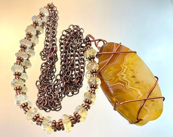 Yellow Agate and Citrine Crystal Gemstone Beaded Statement Long Pendant Necklace in Copper with Artisan Wire-Wrapping