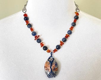 Blue Sodalite Statement Necklace | Orange Sodalite Wire-Wrapped Pendant | Copper Bohemian Gemstone Necklace