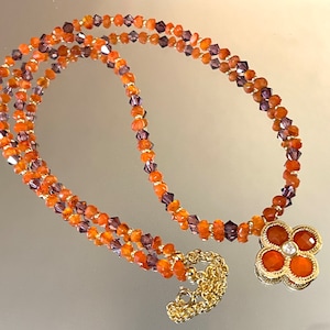 Orange Carnelian Beaded Gemstone Necklace, Sparkling Crystal Flower Necklace, Purple and Orange Gift Necklace, Delicate Boho Necklace
