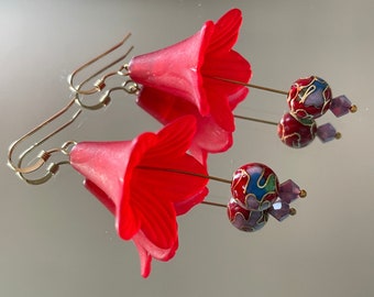 Red Cloisonné Cherry Blossom Earrings, Statement Dangle Earrings with 14K Gold Ear Wires