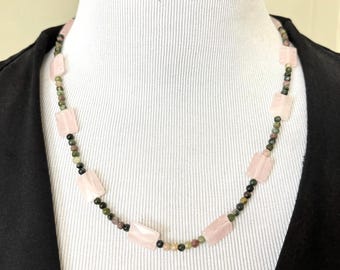 Watermelon Tourmaline and Rose Quartz Beaded Necklace, 14K Rose Gold Clasp, Handmade Jewelry