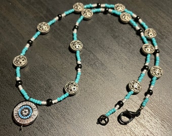 Southwestern Turquoise Cowgirl Necklace, Sparkly Crystal and Seed Bead Necklace, Native American Indian Necklace, Blue Beaded Boho Necklace
